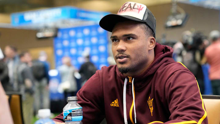 Arizona State defensive lineman Elijah O'Neal answers questions during media day for the Chick-fil-A Peach Bowl in Atlanta on Monday, Dec. 30, 2024.