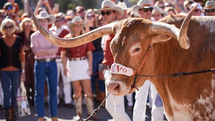 Bevo XV makes it’s way into the Darrell K Royal Texas Memorial Stadium, Austin, Texas, Saturday, Nov 24, 2024.