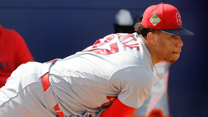 Feb 16, 2026; Jupiter, FL, USA;  St. Louis Cardinals pitcher Jurrangelo Cijntje (87) throws a pitch during spring training workouts at Roger Dean Stadium. Mandatory Credit: Reinhold Matay-Imagn Images