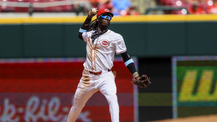 Jul 7, 2024; Cincinnati, Ohio, USA; Cincinnati Reds shortstop Elly De La Cruz (44) throws to first to get Detroit Tigers outfielder Matt Vierling (not pictured) out in the ninth inning at Great American Ball Park. Mandatory Credit: Katie Stratman-USA TODAY Sports
