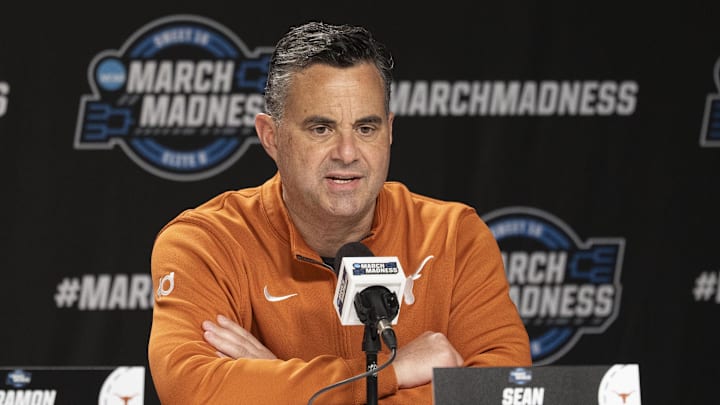 Texas Longhorns head coach Sean Miller addresses the media in a press conference during a practice session ahead of the west regional of the men's 2026 NCAA Tournament at SAP Center. 