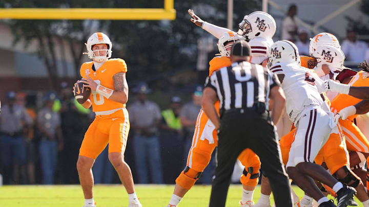 Tennessee quarterback Joey Aguilar (6) looks to pass during a college football game between Tennessee and Mississippi State at Davis Wade Stadium in Starkville, Miss., on Sept. 27, 2025.