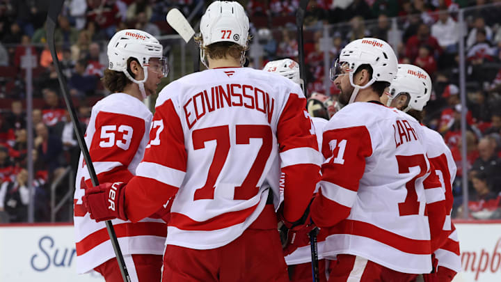 Apr 16, 2025; Newark, New Jersey, USA; Detroit Red Wings center Dylan Larkin (71) celebrates his goal against the New Jersey Devils during the third period at Prudential Center. Mandatory Credit: Ed Mulholland-Imagn Images
