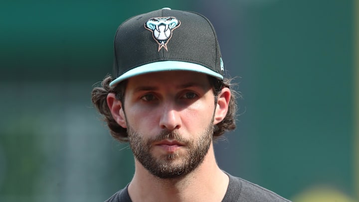 Jul 25, 2025; Pittsburgh, Pennsylvania, USA; Arizona Diamondbacks pitcher Zac Gallen (23) looks on before the game against the Pittsburgh Pirates at PNC Park. Mandatory Credit: Charles LeClaire-Imagn Images