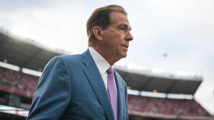 Sep 28, 2024; Tuscaloosa, Alabama, USA; Former Alabama Crimson Tide head coach Nick Saban walks onto the field before a game between the Crimson Tide and Georgia Bulldogs at Bryant-Denny Stadium. Sep 28, 2024; Tuscaloosa, Alabama, USA; Former Alabama Crimson Tide head coach Nick Saban walks onto the field before a game between the Crimson Tide and Georgia Bulldogs at Bryant-Denny Stadium.