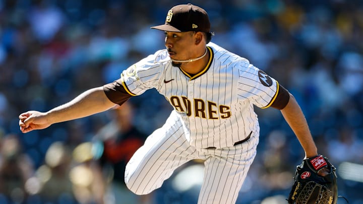 Sep 3, 2025; San Diego, California, USA; San Diego Padres relief pitcher Jeremiah Estrada (56) throws a pitch during the seventh inning against the Baltimore Orioles at Petco Park. Mandatory Credit: David Frerker-Imagn Images