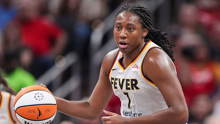 Indiana Fever forward Aliyah Boston (7) rushes up the court Friday, July 12, 2024, during the game at Gainbridge Fieldhouse in Indianapolis. The Indiana Fever defeated the Phoenix Mercury, 95-86.