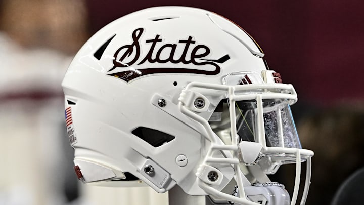 Nov 11, 2023; College Station, Texas, USA; Mississippi State Bulldogs helmet on the sideline during the game against the Texas A&M Aggies at Kyle Field. Mandatory Credit: Maria Lysaker-Imagn Images