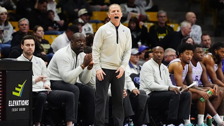 Feb 25, 2026; Boulder, Colorado, USA; Kansas State Wildcats interim head coach Matthew Driscoll calls out in the first half against the Colorado Buffaloes at the CU Events Center. 