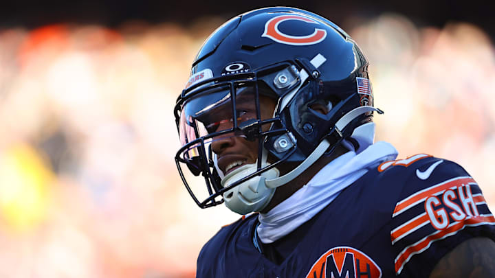 Nov 23, 2025; Chicago, Illinois, USA; Chicago Bears wide receiver DJ Moore (2) reacts during the second half at Soldier Field. Mandatory Credit: Mike Dinovo-Imagn Images