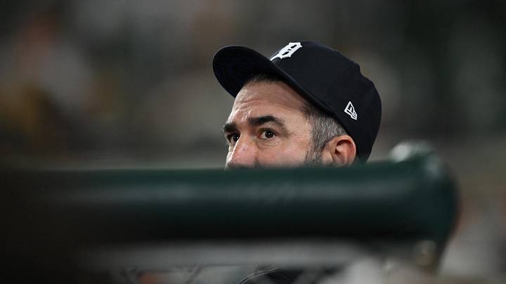 May 18, 2026; Detroit, Michigan, USA; Detroit Tigers pitcher Justin Verlander looks on in the ninth inning against the Cleveland Guardians at Comerica Park. Mandatory Credit: Lon Horwedel-Imagn Images