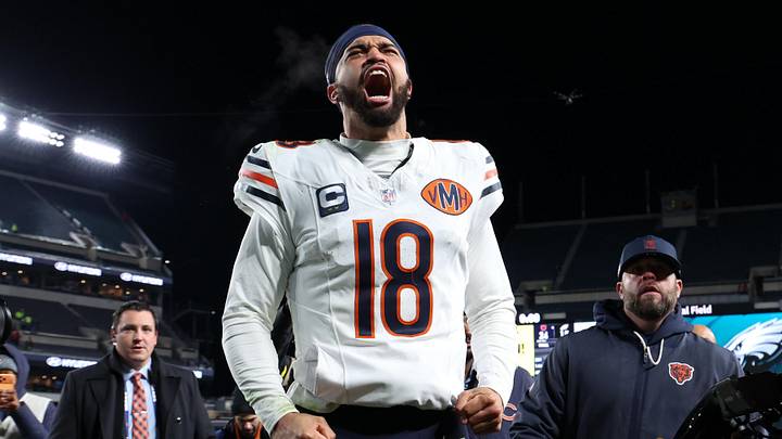 Chicago Bears QB Caleb Williams celebrates after winning a game. Mandatory Credit: Bill Streicher-Imagn Images