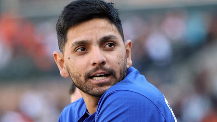 Apr 13, 2025; Baltimore, Maryland, USA; Toronto Blue Jays second baseman Andrés Giménez (0) looks on during the ninth inning against the Baltimore Orioles at Oriole Park at Camden Yards. 