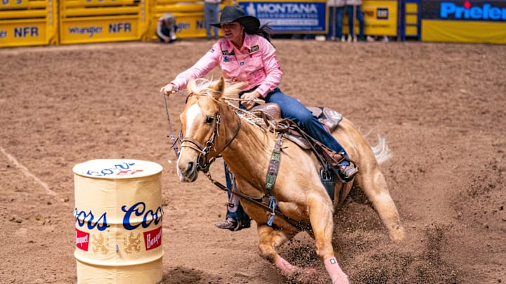 Hailey Kinsel and Sister turning first barrel at 2025 NFR Hailey Kinsel and Sister turning first barrel at 2025 NFR