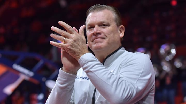 Nov 23, 2024; Champaign, Illinois, USA;  Illinois Fighting Illini head coach Brad Underwood during the first half against the Maryland-Eastern Shore Hawks at State Farm Center. Mandatory Credit: Ron Johnson-Imagn Images