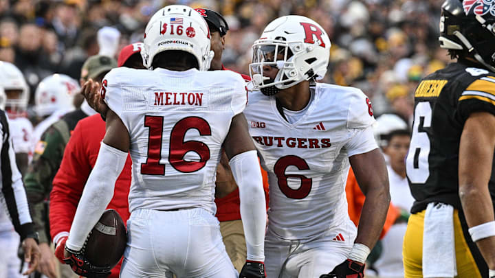 Nov 11, 2023; Iowa City, Iowa, USA; Rutgers Scarlet Knights defensive back Max Melton (16) and