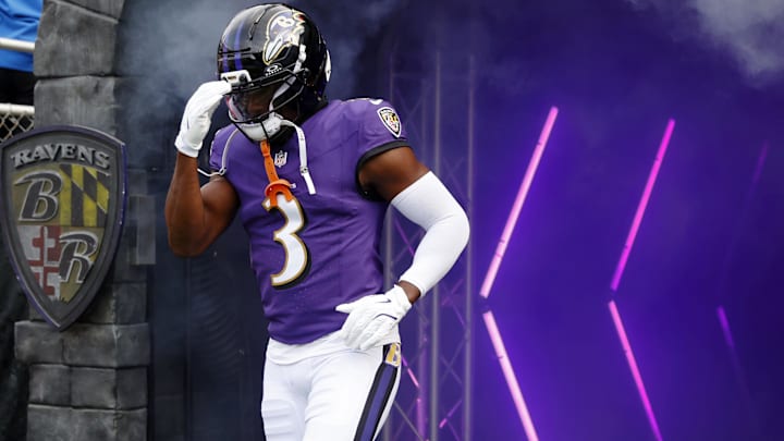 Dec 7, 2025; Baltimore, Maryland, USA; Baltimore Ravens cornerback Chidobe Awuzie (3) runs onto the field before the game against the Pittsburgh Steelers at M&T Bank Stadium. Mandatory Credit: Peter Casey-Imagn Images