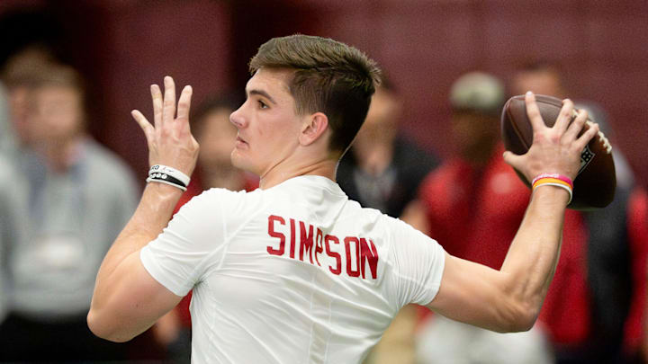 March 25, 2026; Tuscaloosa, AL, USA; Quarterback Ty Simpson throws during Pro Day in the Hank Crisp Indoor Practice Facility at the University of Alabama.