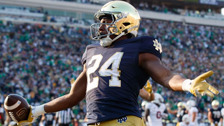 Notre Dame running back Jadarian Price celebrates scoring a touchdown during a NCAA college football game between Notre Dame and Stanford at Notre Dame Stadium on Saturday, Oct. 12, 2024, in South Bend.