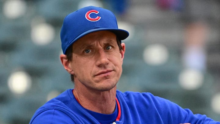 Jul 28, 2025; Milwaukee, Wisconsin, USA;  Chicago Cubs manager Craig Counsell looks on during batting practice before game against the Milwaukee Brewers at American Family Field. Mandatory Credit: Benny Sieu-Imagn Images