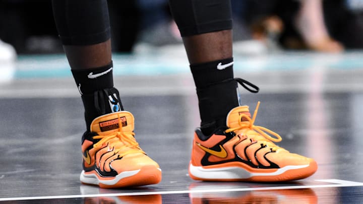 Jun 19, 2025; Brooklyn, New York, USA; Detailed view of basketball shoes worn by Phoenix Mercury center Murjanatu Musa (20) during the first half against the New York Liberty at Barclays Center. Mandatory Credit: John Jones-Imagn Images