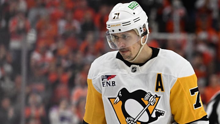 Apr 22, 2026; Philadelphia, Pennsylvania, USA; (Editors Notes: Caption Correction) Pittsburgh Penguins center Evgeni Malkin (71) skates off the ice after loss to the Philadelphia Flyers in game three of the first round of the 2026 Stanley Cup Playoffs at Xfinity Mobile Arena. Mandatory Credit: Eric Hartline-Imagn Images