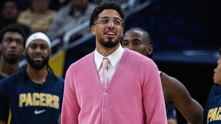 Indiana Pacers guard Tyrese Haliburton (0) in the second half against the Oklahoma City Thunder at Gainbridge Fieldhouse. Indiana Pacers guard Tyrese Haliburton (0) in the second half against the Oklahoma City Thunder at Gainbridge Fieldhouse.