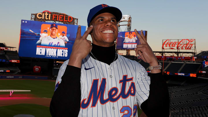 Dec 12, 2024; Flushing, NY, USA; New York Mets right fielder Juan Soto poses for photos during his introductory press conference at Citi Field. Mandatory Credit: Brad Penner-Imagn Images Dec 12, 2024; Flushing, NY, USA; New York Mets right fielder Juan Soto poses for photos during his introductory press conference at Citi Field. Mandatory Credit: Brad Penner-Imagn Images
