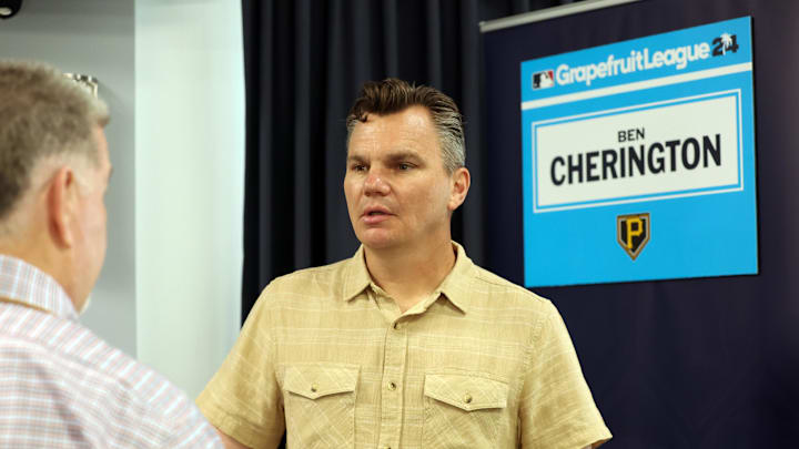 Feb 15, 2024; Tampa, FL, USA; Pittsburgh Pirates general manager Ben Cherington talks with media at George M. Steinbrenner Field. Mandatory Credit: Kim Klement Neitzel-Imagn Images