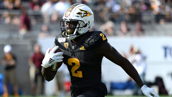 Nov 9, 2019; Tempe, AZ, USA; Arizona State Sun Devils wide receiver Brandon Aiyuk (2) returns a kickoff against the USC Trojans during the first half at Sun Devil Stadium. Mandatory Credit: Joe Camporeale-Imagn Images