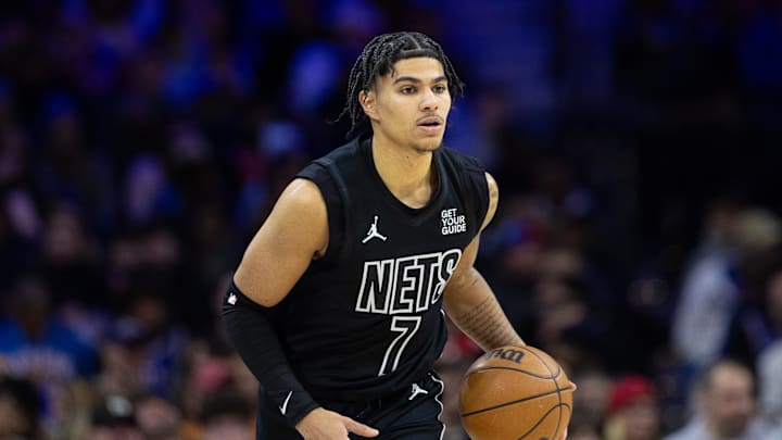 Feb 22, 2025; Philadelphia, Pennsylvania, USA; Brooklyn Nets guard Killian Hayes (7) controls the ball against the Philadelphia 76ers during the second quarter at Wells Fargo Center. Mandatory Credit: Bill Streicher-Imagn Images