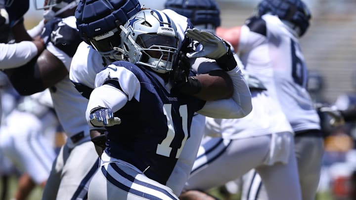 Dallas Cowboys linebacker Micah Parsons rushes during training camp at the River Ridge Playing Fields in Oxnard, California.