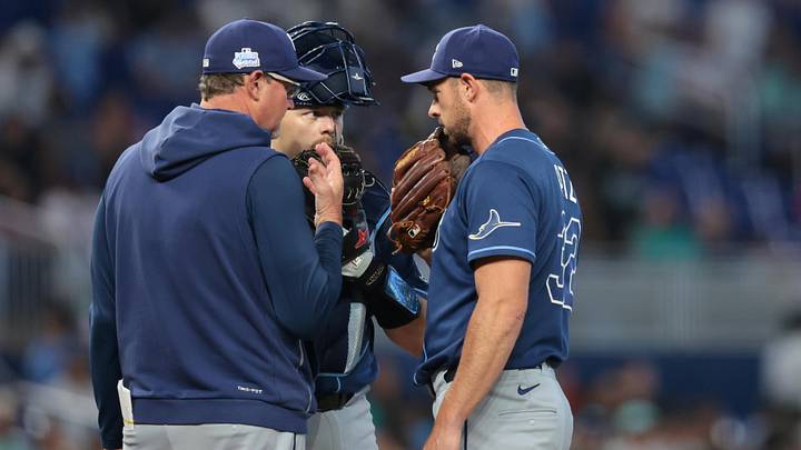 Jun 7, 2026; Miami, Florida, USA; Tampa Bay Rays pitching coach Kyle Snyder (23) speaks to pitcher Steven Matz (32) during a mound visit against the Miami Marlins in the the seventh inning at loanDepot Park. Jun 7, 2026; Miami, Florida, USA; Tampa Bay Rays pitching coach Kyle Snyder (23) speaks to pitcher Steven Matz (32) during a mound visit against the Miami Marlins in the the seventh inning at loanDepot Park.