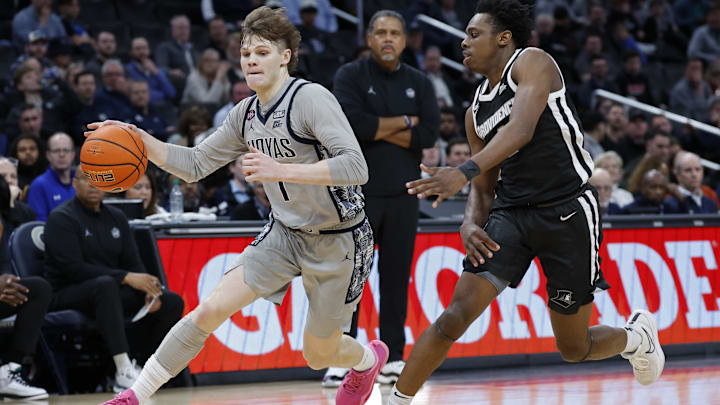 Mar 5, 2024; Washington, District of Columbia, USA; Georgetown Hoyas guard Rowan Brumbaugh (1) drives to the basket as Providence Friars guard Jayden Pierre (1) defends in the second half at Capital One Arena.