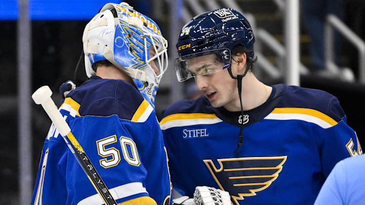 Nov 3, 2025; St. Louis, Missouri, USA; St. Louis Blues right wing Dalibor Dvorsky (54) celebrates with goaltender Jordan Binnington (50) after the Blues defeated the Edmonton Oilers at Enterprise Center. Mandatory Credit: Jeff Curry-Imagn Images Nov 3, 2025; St. Louis, Missouri, USA; St. Louis Blues right wing Dalibor Dvorsky (54) celebrates with goaltender Jordan Binnington (50) after the Blues defeated the Edmonton Oilers at Enterprise Center. Mandatory Credit: Jeff Curry-Imagn Images