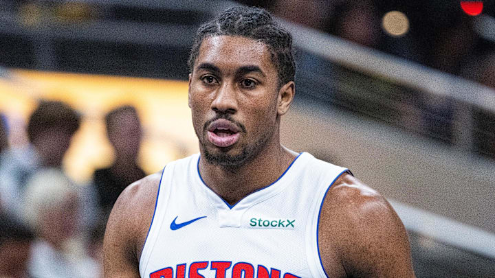 Nov 29, 2024; Indianapolis, Indiana, USA; Detroit Pistons guard Jaden Ivey (23)  in the first half against the Indiana Pacers at Gainbridge Fieldhouse. Mandatory Credit: Trevor Ruszkowski-Imagn Images
