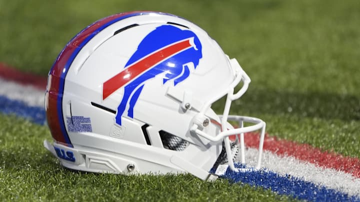 Sep 7, 2025; Orchard Park, New York, USA;  Detailed view of Buffalo Bills helmet on the field prior to the first quarter against the Baltimore Ravens at Highmark Stadium. Mandatory Credit: Gregory Fisher-Imagn Images