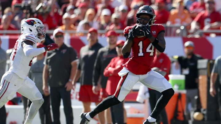 Nov 30, 2025; Tampa, Florida, USA; Tampa Bay Buccaneers wide receiver Chris Godwin Jr. (14) makes a catch against Arizona Cardinals cornerback Garrett Williams (21) during the first half at Raymond James Stadium. 