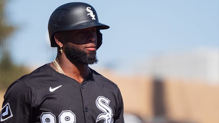 Feb 26, 2025; Phoenix, Arizona, USA; Chicago White Sox outfielder Luis Robert Jr. (88) reacts after his at bat in the fourth inning during a spring training game against the San Diego Padres at Camelback Ranch. 