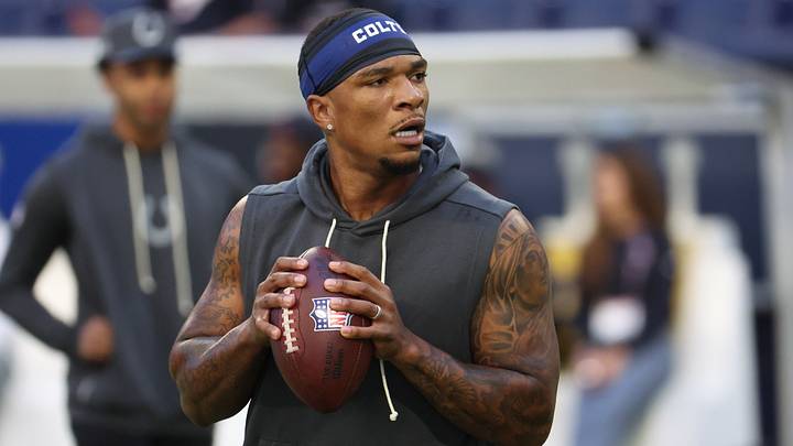 Sep 27, 2026; Indianapolis, Indiana, USA;  Indianapolis Colts quarterback Anthony Richardson Sr. (5) practcies before the game at Lucas Oil Stadium.  Mandatory Credit: Trevor Ruszkowski-Imagn Images