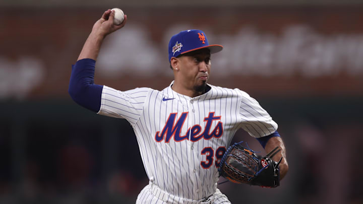 Jul 15, 2025; Cumberland, Georgia, USA; National League pitcher Edwin Diaz (39) of the New York Mets pitches in the ninth inning during the 2025 MLB All Star Game at Truist Park. Mandatory Credit: Brett Davis-Imagn Images