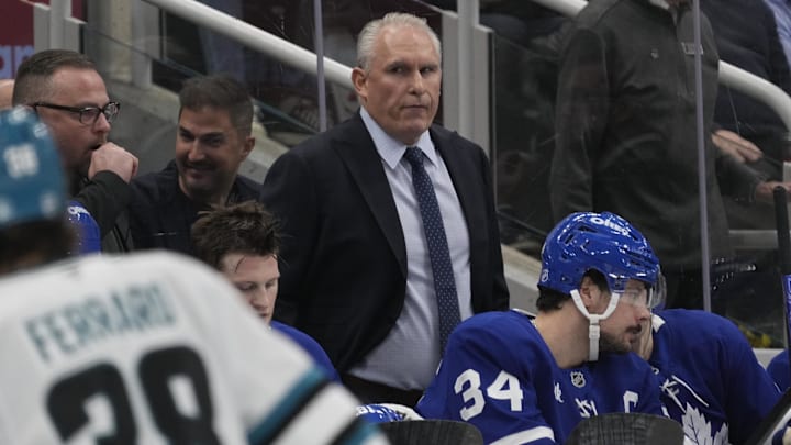 Dec 11, 2025; Toronto, Ontario, CAN; Toronto Maple Leafs head coach Craig Berube waatches the action against the San Jose Sharks during the third period at Scotiabank Arena. Mandatory Credit: John E. Sokolowski-Imagn Images
