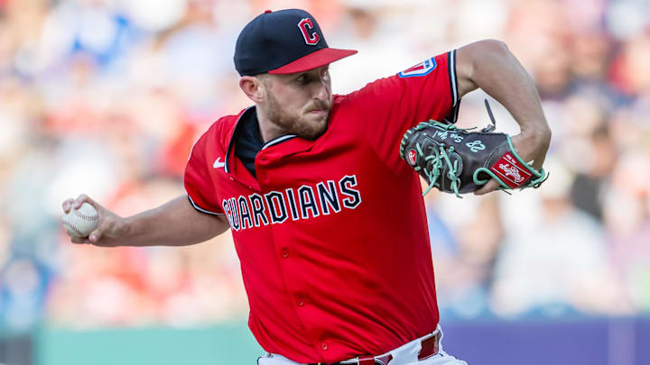 May 10, 2025; Cleveland, Ohio, USA; Cleveland Guardians starting pitcher Tanner Bibee (28) throws a pitch during the first inning against the Philadelphia Phillies at Progressive Field. Mandatory Credit: Ken Blaze-Imagn Images