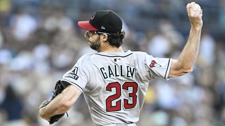Jul 7, 2025; San Diego, California, USA; Arizona Diamondbacks starting pitcher Zac Gallen (23) delivers during the second inning against the San Diego Padres at Petco Park. Mandatory Credit: Denis Poroy-Imagn Images