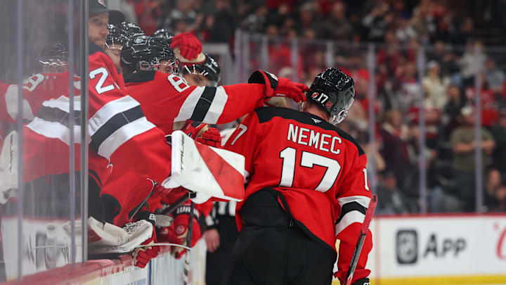 Mar 29, 2026; Newark, New Jersey, USA; New Jersey Devils defenseman Simon Nemec (17) celebrates his goal against the Chicago Blackhawks during the second period at Prudential Center. Mandatory Credit: Ed Mulholland-Imagn Images