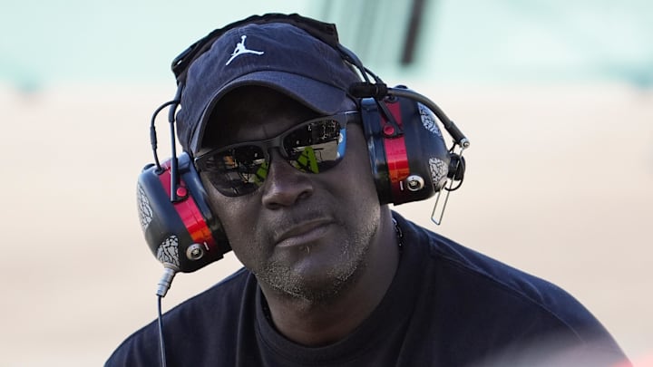 Oct 27, 2024; Homestead, Florida, USA; 23XI team owner Michael Jordan watches during the Straight Talk Wireless 400 at Homestead-Miami Speedway. Oct 27, 2024; Homestead, Florida, USA; 23XI team owner Michael Jordan watches during the Straight Talk Wireless 400 at Homestead-Miami Speedway.