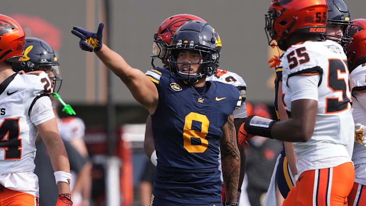 Oct 26, 2024; Berkeley, California, USA; California Golden Bears wide receiver Mikey Matthews (8) gestures after catching a pass for a first down against the Oregon State Beavers during the second quarter at California Memorial Stadium. Mandatory Credit: Darren Yamashita-Imagn Images