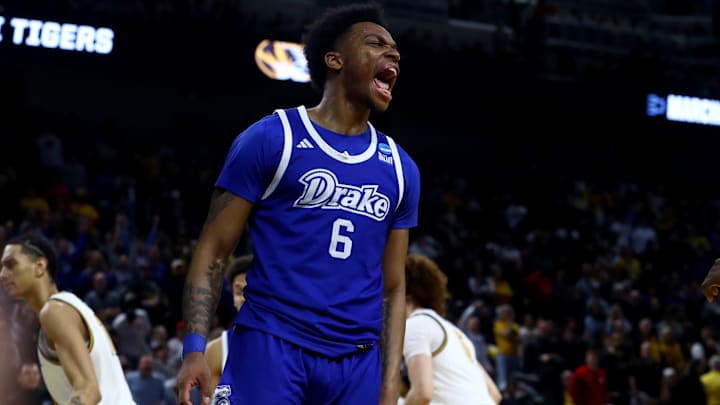 Mar 20, 2025; Wichita, KS, USA; Drake Bulldogs guard Tavion Banks (6) celebrates after a basket in the second half of a first round men’s NCAA Tournament game against the Missouri Tigers at Intrust Bank Arena. Mandatory Credit: Nick Tre. Smith-Imagn Images