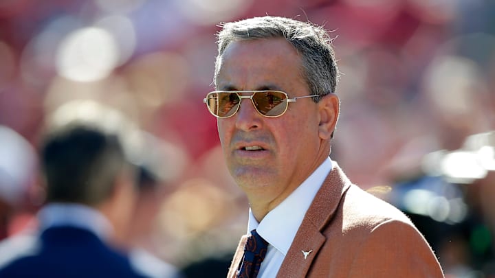 University of Texas athletic director Chris Del Conte is seen before the Red River Showdown college football game between the University of Oklahoma Sooners (OU) and the University of Texas (UT) Longhorns at the Cotton Bowl in Dallas, Saturday, Oct. 9, 2021.  Oklahoma won 55-48.