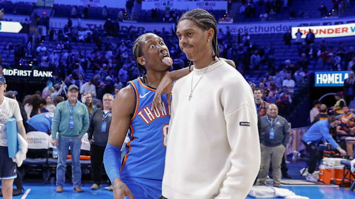 Jan 22, 2025; Oklahoma City, Oklahoma, USA; Oklahoma City Thunder forward Jalen Williams (8) reacts towards his brother Utah Jazz forward Cody Williams (5) after their game at Paycom Center. Mandatory Credit: Alonzo Adams-Imagn Images